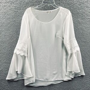 Women Sheer Lace Bell Sleeve Festival Blouse L Boho Fairy Romantic Cottage Flowy